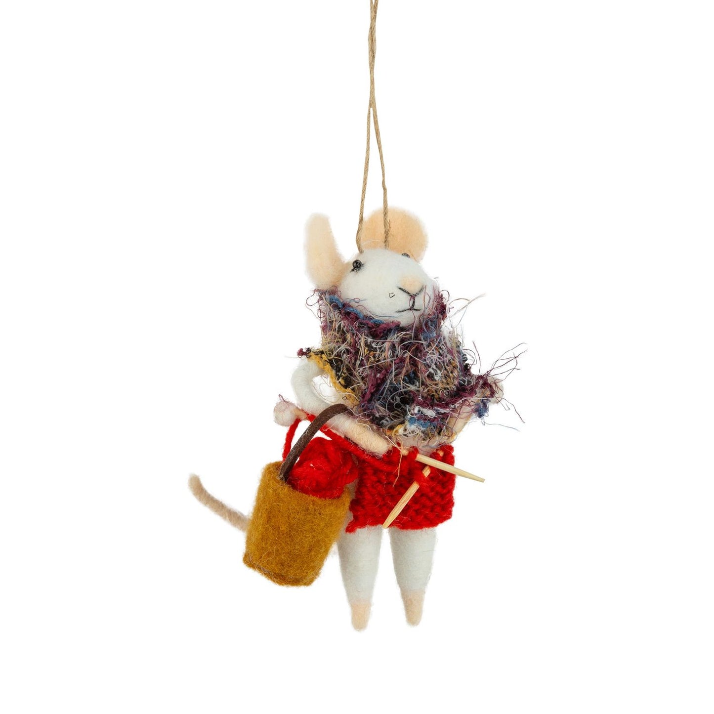 Felt Mouse Ornament, w/ Knitting Bag