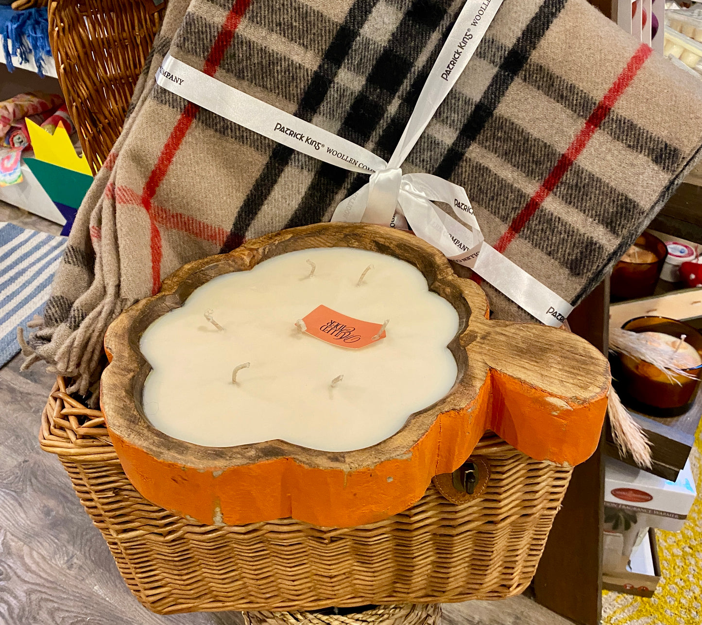 Pumpkin Shaped Wooden Dough Bowl Soy Candles