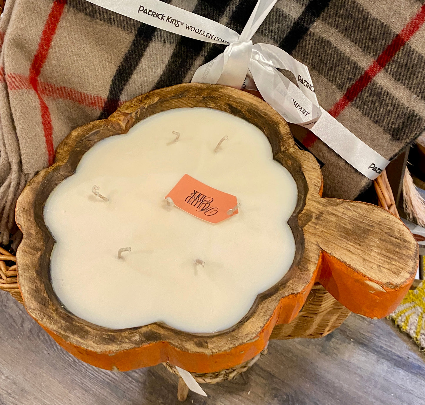 Pumpkin Shaped Wooden Dough Bowl Soy Candles