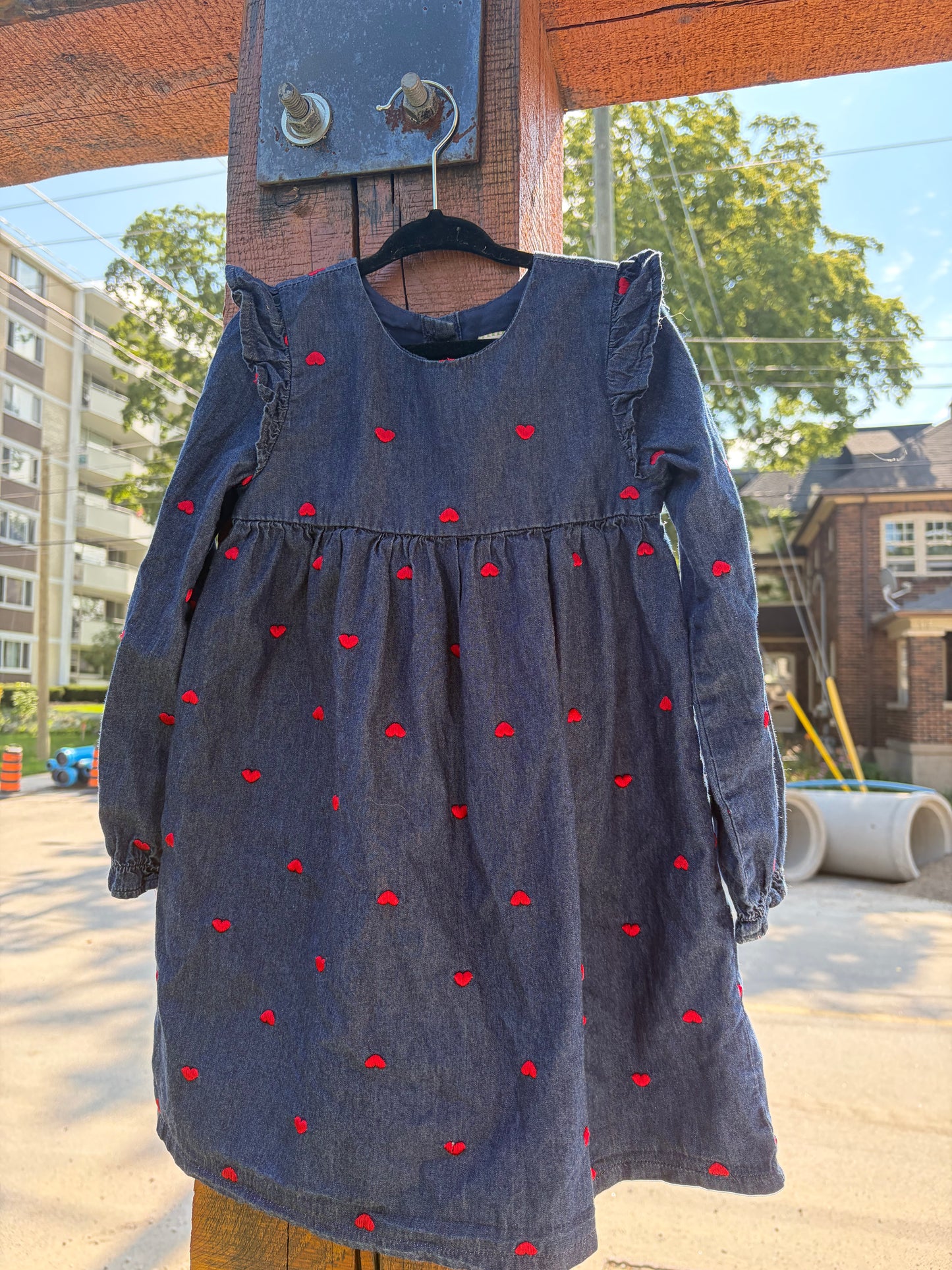 Navy Embroidered Hearts Kids Dress
