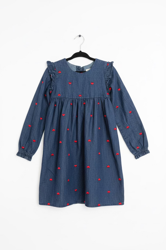 Navy Embroidered Hearts Kids Dress