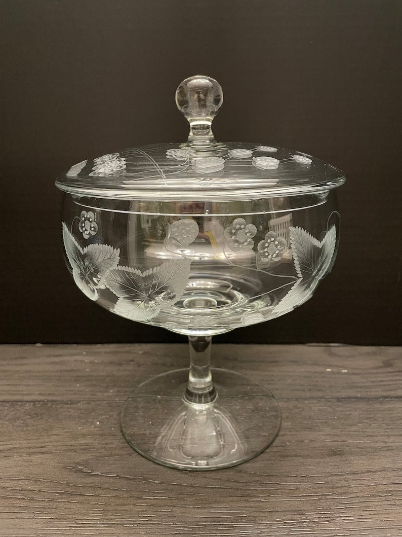 Vintage Glass Etched Strawberry Footed Candy Dish