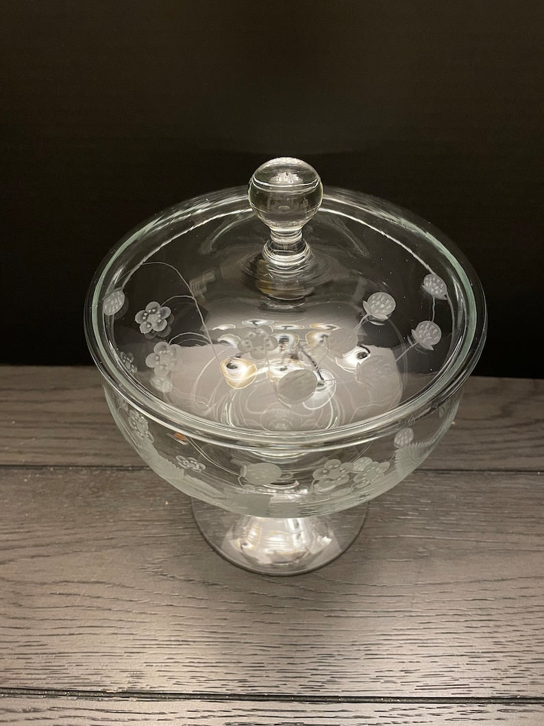 Vintage Glass Etched Strawberry Footed Candy Dish