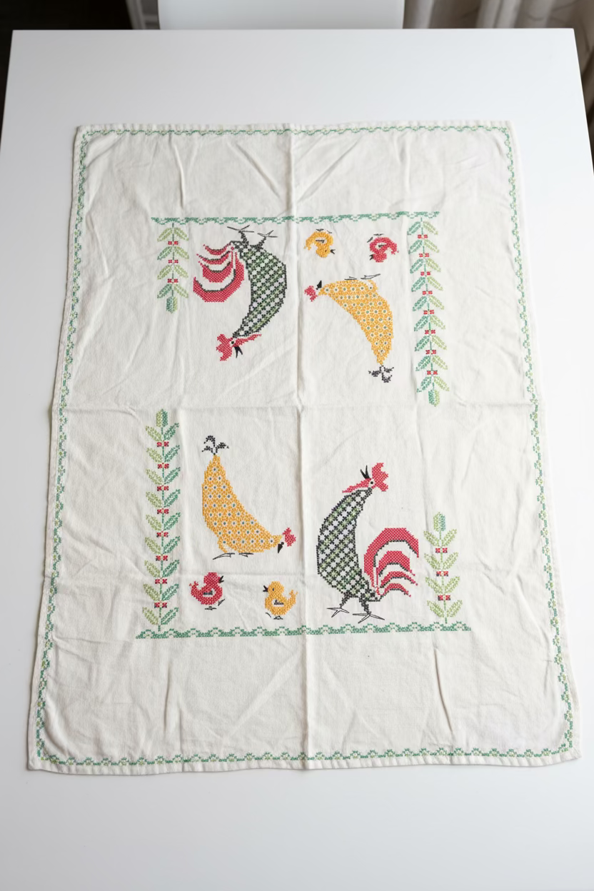 Vintage Rooster Stitched Table Cloth
