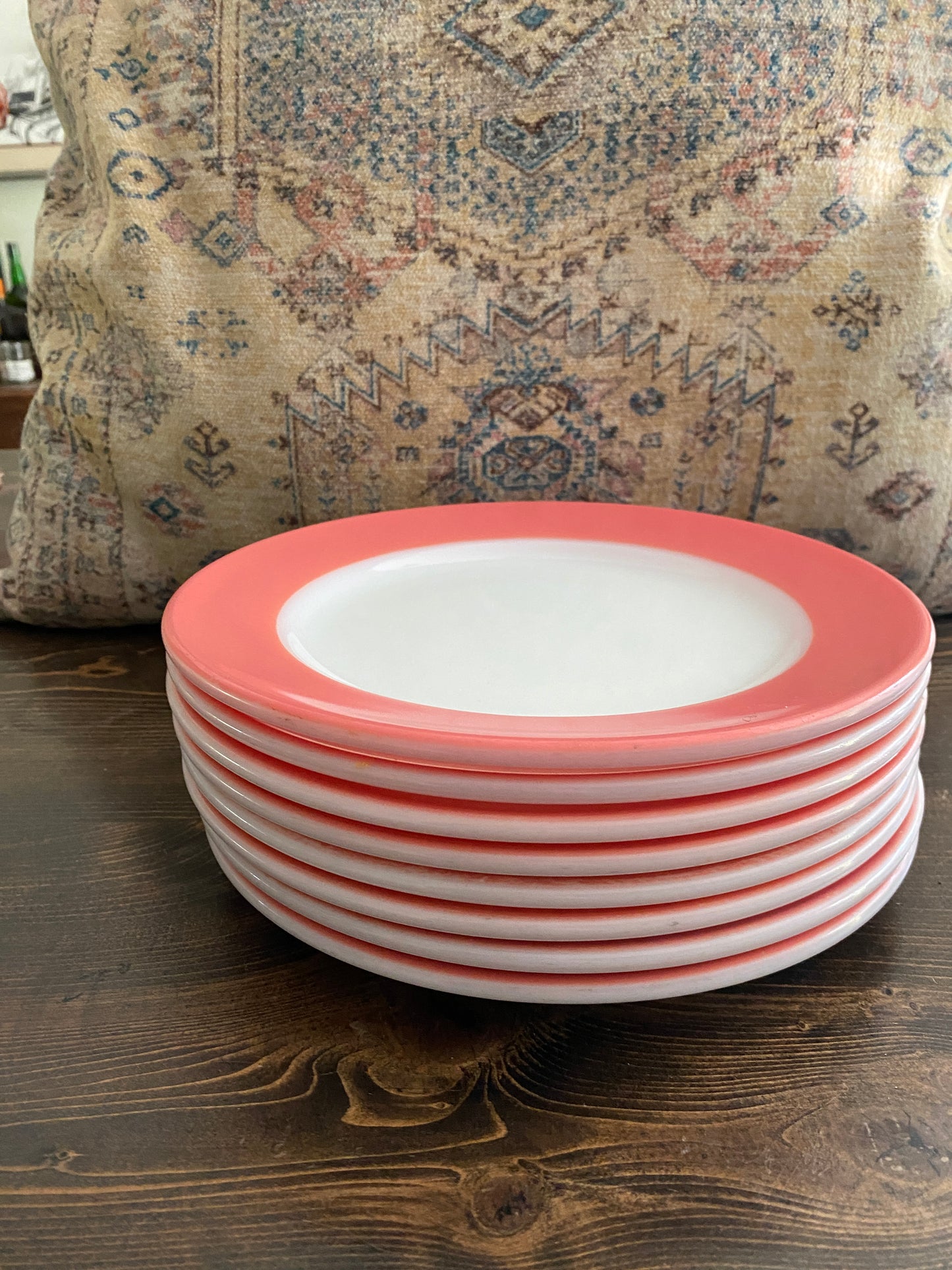 1950’s MCM set of 8 Dinner Plates Flamingo Pink Pyrex Milk Glass