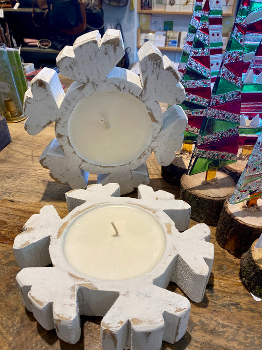 Wooden Dough Bowl Snowflake Soy Candle