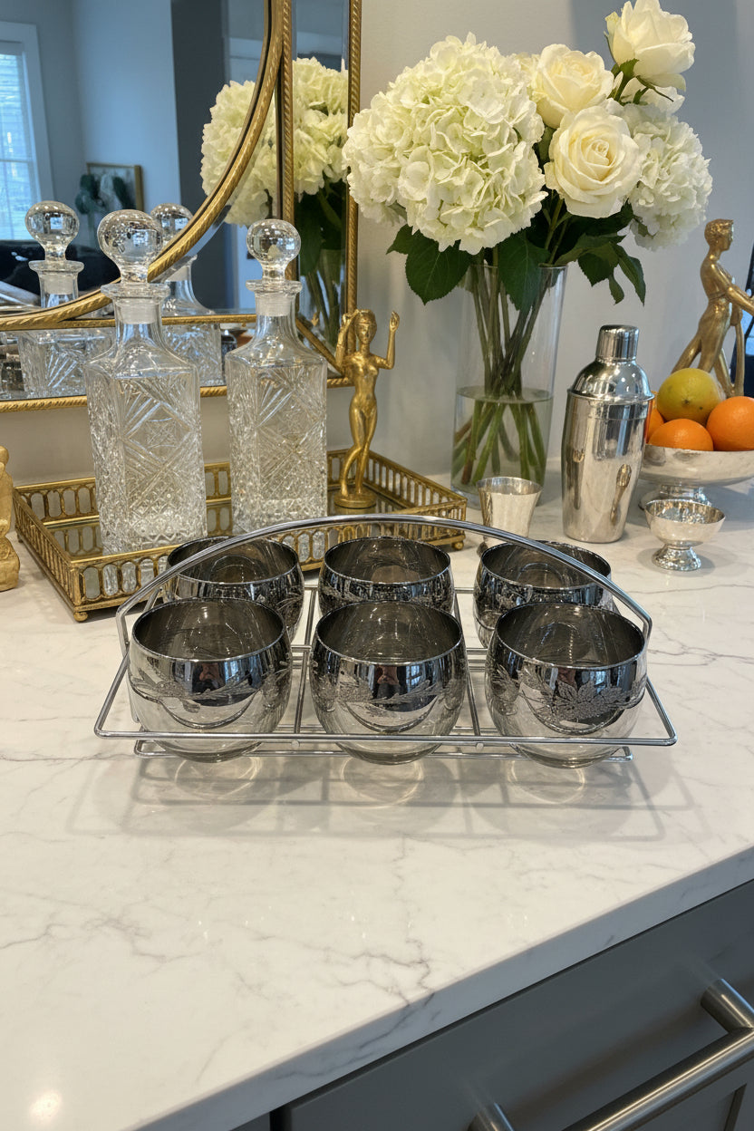 MCM Lowball Glass Set with Chrome Caddy