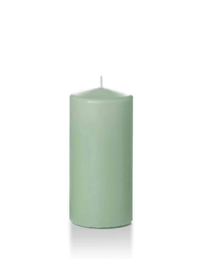 Pale Blue Green six inch pillar candle shown for sale on a white background.
