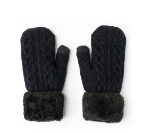 Black Mittens Fur Trimmed, Fleece Lined