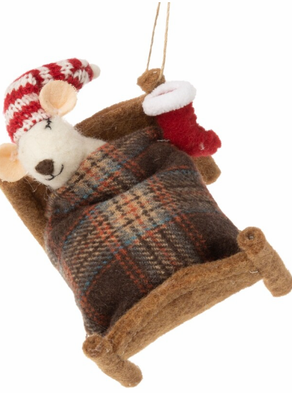 Felted Mouse in Bed Ornament