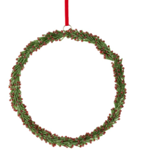 Glass Bugle Bead Wreath Ornament, Green with Red Berries