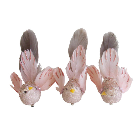 Pink Bird Ornaments with Clips - Pack of 3