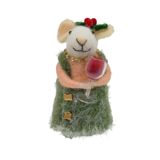 Sophisticated Wine Lady Felted Mouse Ornament