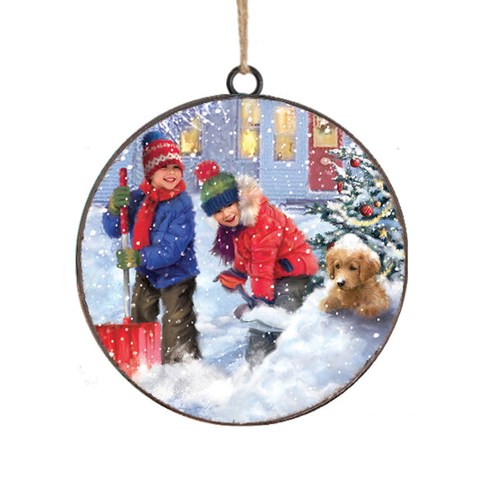 Children & Puppy in the snow Metal Ornament