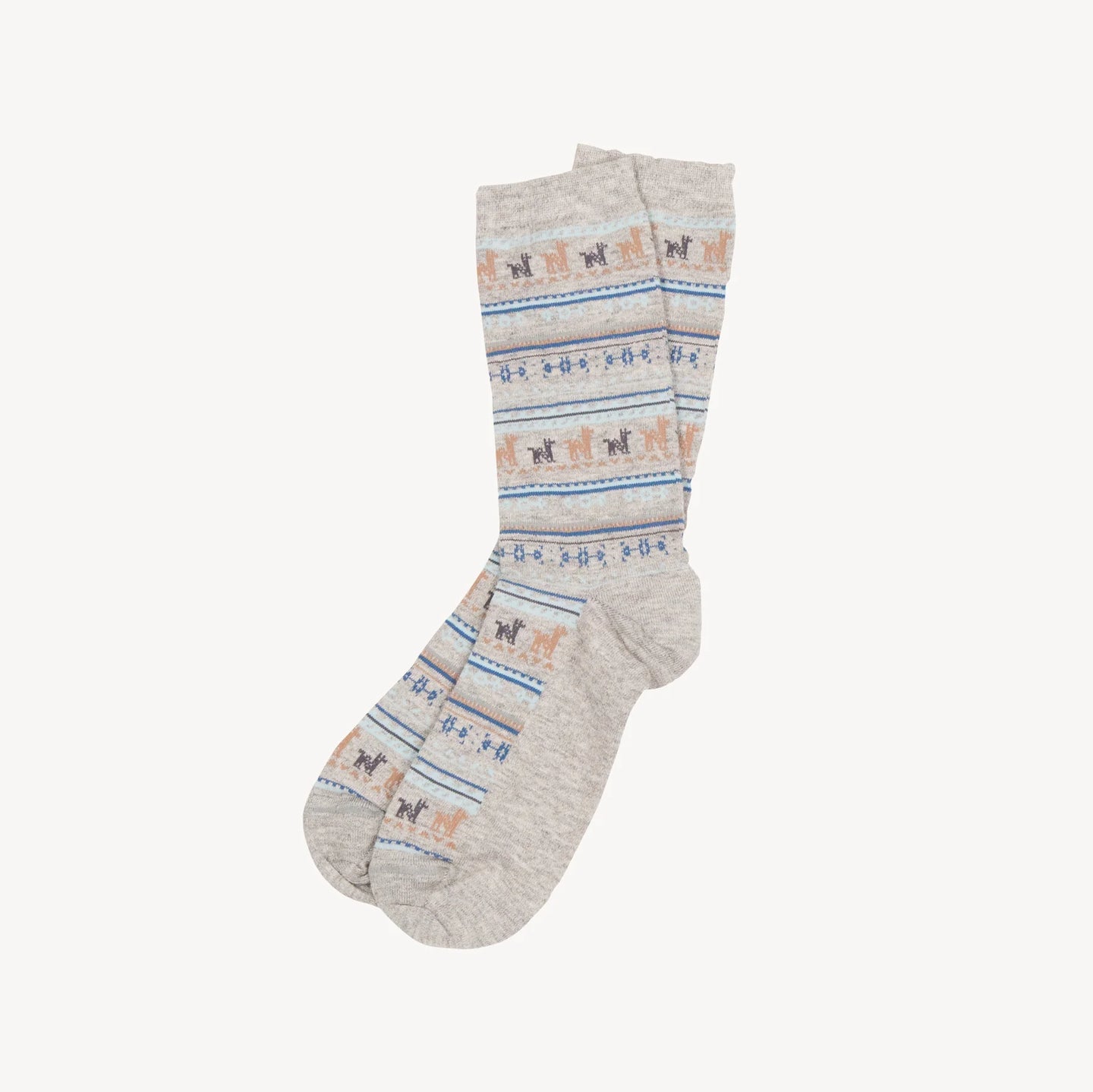 Light gray socks shown for sale on a white backround. The socks have a patten that includes alpacas, lines, dots and shapes in the colours of blues and browns.