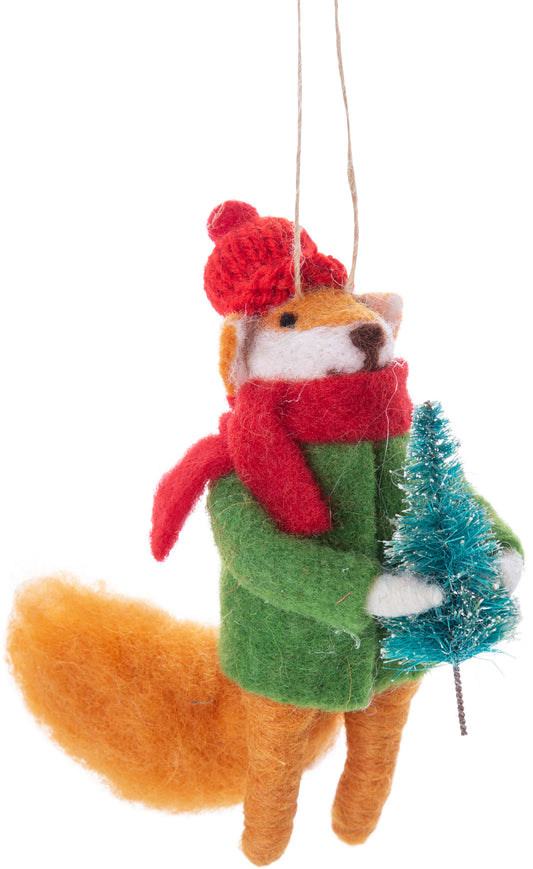 Felted wool ornament, Fox Carrying Tree