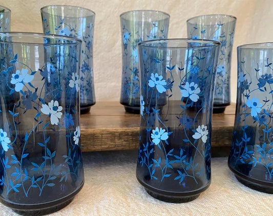 Libbey Vintage Tawny Blue Floral Glasses