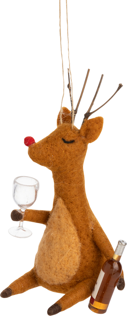Rudolph Drinking Wine Felted Wool Ornament