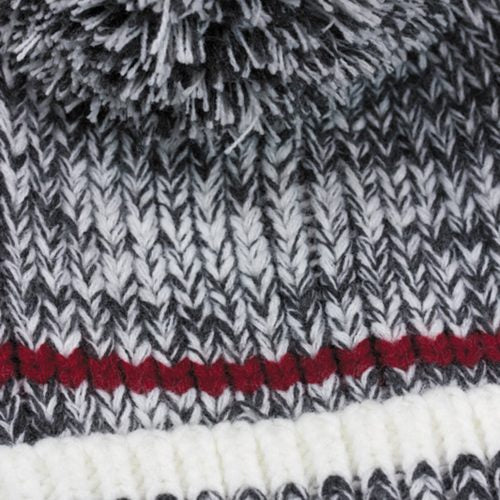 Heathered grey and white with red stripe and pom toque