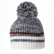 Load image into Gallery viewer, Heathered grey and white with red stripe and pom toque
