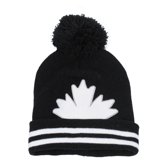 Black toque with pom, white stripes, appliqiuie white maple leaf