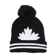 Load image into Gallery viewer, Black toque with pom, white stripes, appliqiuie white maple leaf
