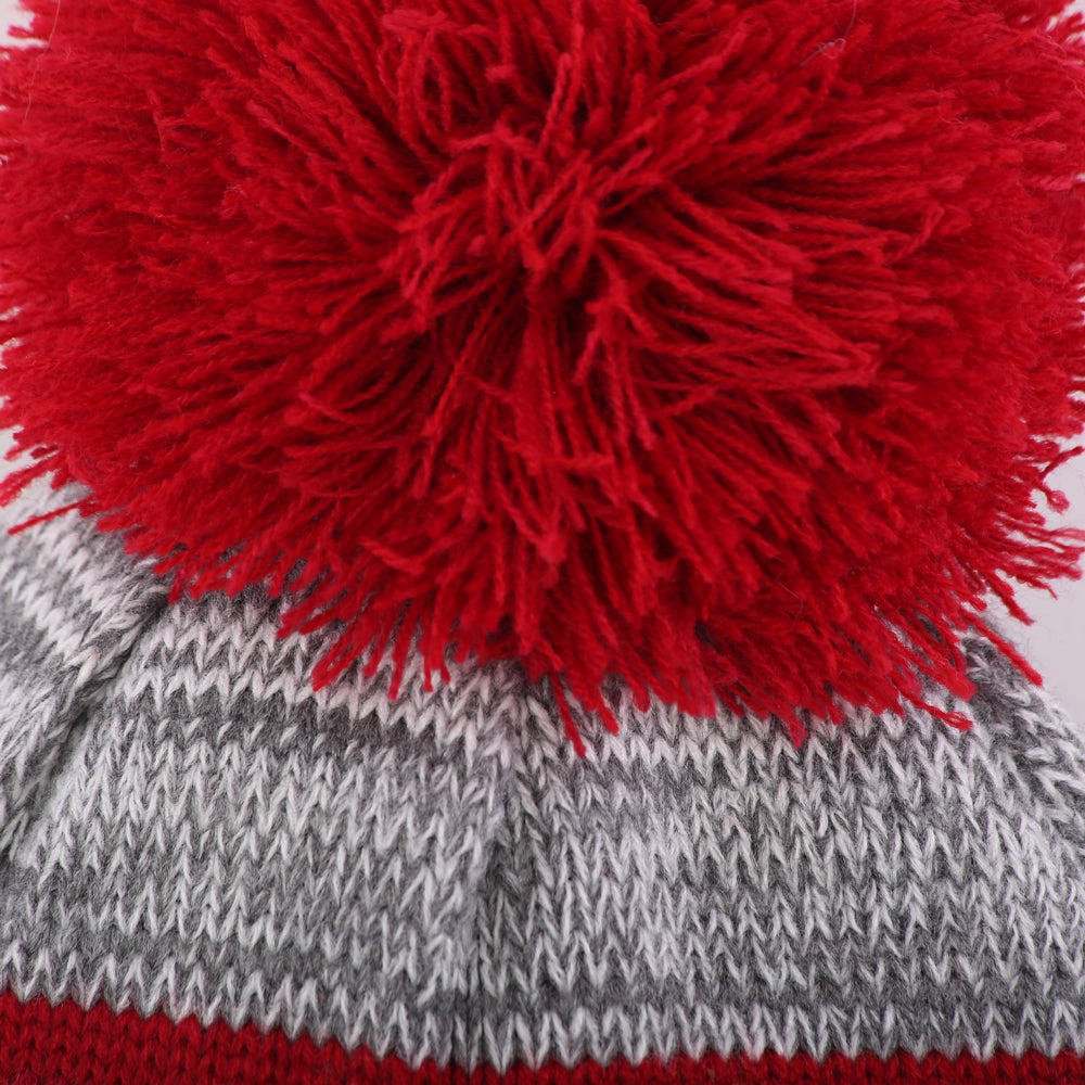 Grey white red striped kid's hat with pom
