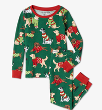 Load image into Gallery viewer, Children&#39;s Woofing Pajama Set - red trim &amp; green
