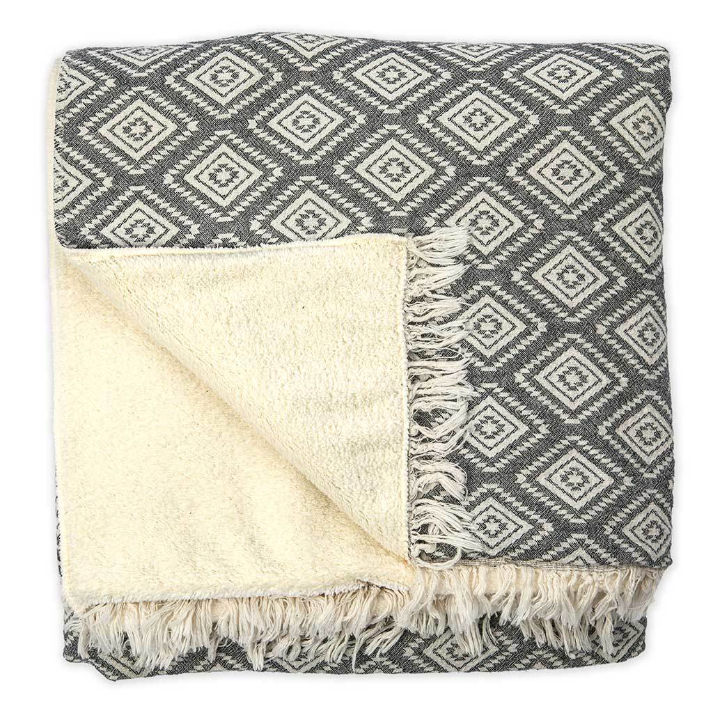 Pokoloko fair trade artisan made Turkish Cotton fleece lined throw Pyramid black