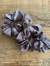 Load image into Gallery viewer, Mid tone gray satin scrunchy hair tie. 
