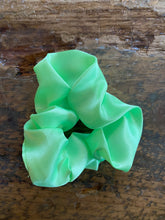 Load image into Gallery viewer, Bright lime green satin scrunchy hair tie. 
