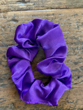 Load image into Gallery viewer, Purple satin scrunchy hair tie.
