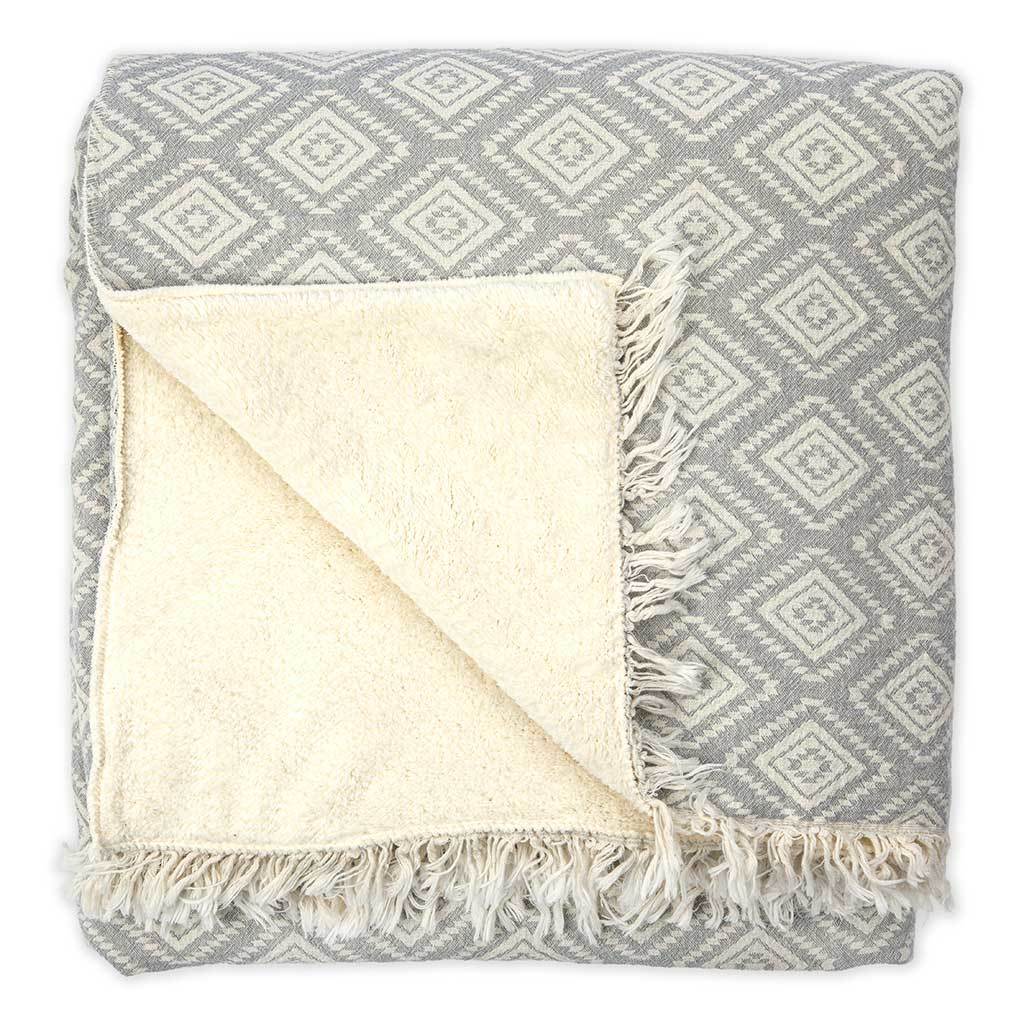 Pokoloko fair trade artisan made Turkish Cotton fleece lined throw Pyramid light grey