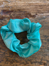 Load image into Gallery viewer, Teal satin scrunchy hair tie. 

