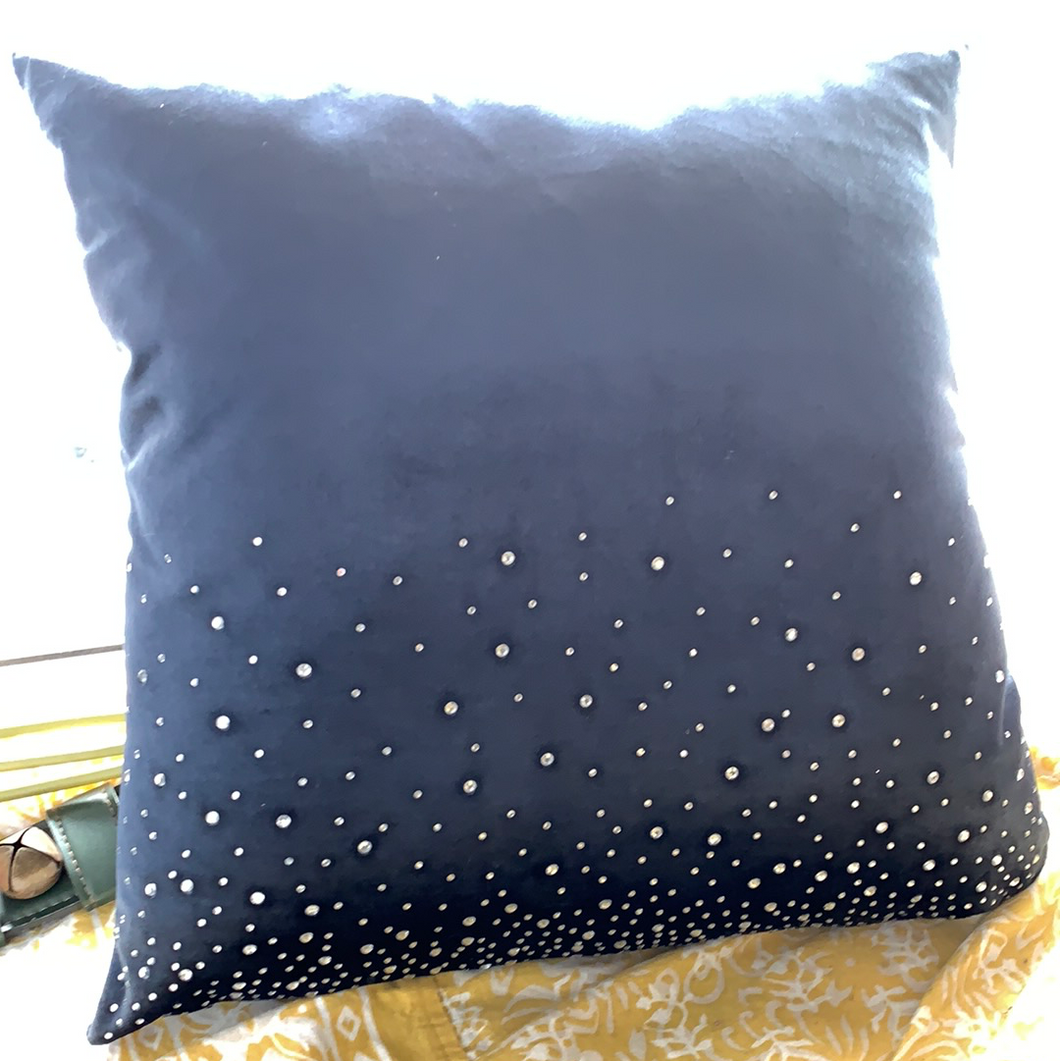 Navy blue velvet pillow with sparkles