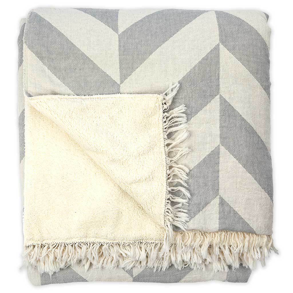 Pokoloko fair trade artisan made Turkish Cotton fleece lined throw Chevron light grey