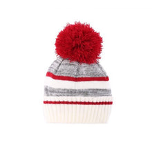 Load image into Gallery viewer, Grey white red striped kid&#39;s hat with pom
