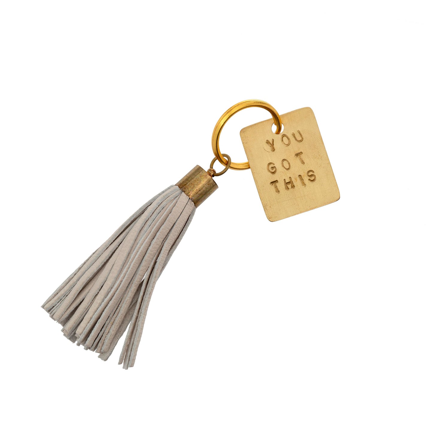Brass keychain with white tassle