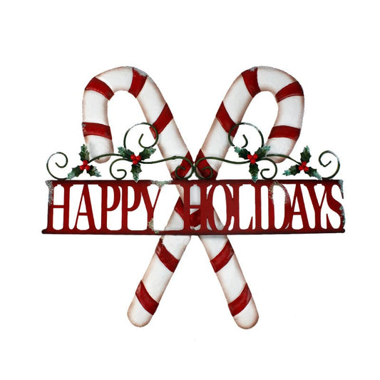 Large Candy Cane Metal Sign - Happy Holidays