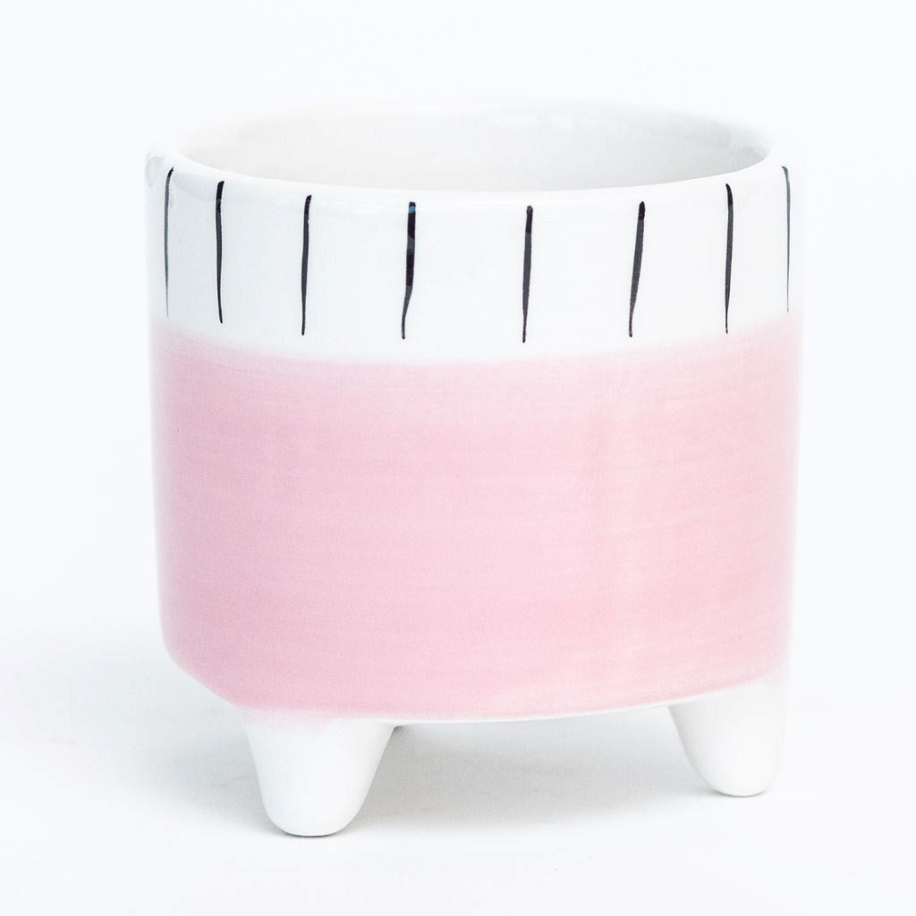 Footed Baby Pink Planter With Black/White Stripes