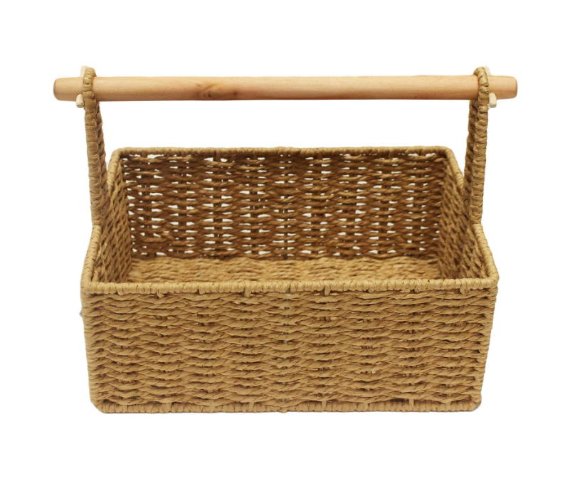 Rectangular basket with wooden handle